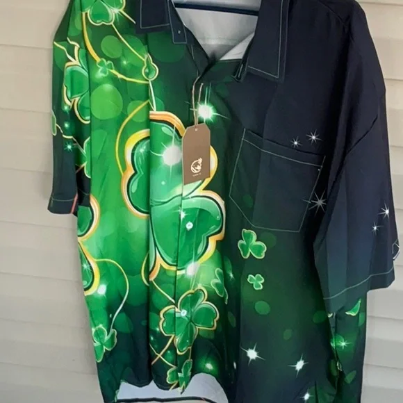 St.Patricks Day Men’s 3XL Short Sleeve Button Down Shamrock Shirt - Picture 2 of 6